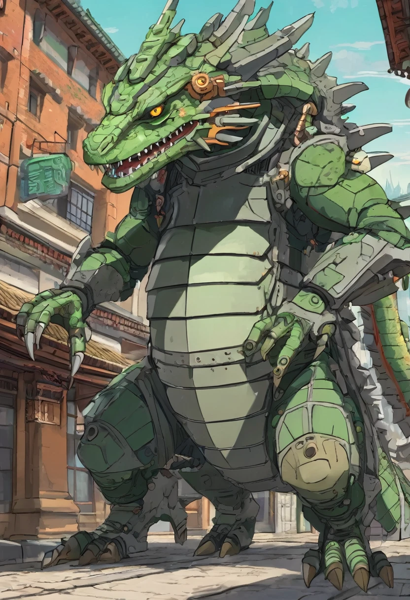 Grey and green scaled old anime lizardfolk dressed like a giant mechanical Kaiju in the downtown of an ancient Mongolian city. Cel shaded. Anime style