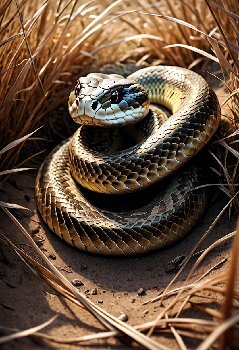 a large snake coiled in dry grass, extremely detailed,ultra-detailed, (best quality,4k,8k,highres,masterpiece:1.2),ultra-detailed,(realistic,photorealistic,photo-realistic:1.37),snake camouflaged in dry grass,extremely detailed scales,natural lighting,highly realistic,intricate details,vibrant colors,striking contrast,dramatic shadows,moody atmosphere,compelling composition