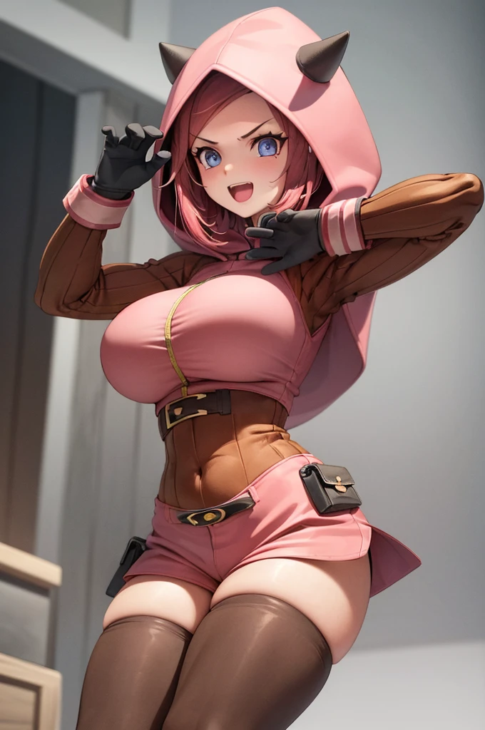 (1girl in:1.2), (Solo:1.2) 、nsfw、Shaders、perfect face、Ultra-detailed eyes、ultra-intricate pupil in eyes、top-quality、Full body standing picture、21 year old girl 、(fake horns, hoodie, red shorts, gloves, red boots) 、long hair, (pink hair:1.5), sadistic smile、 from below, open mouth, huge breasts, put your hands up, sensual pose,