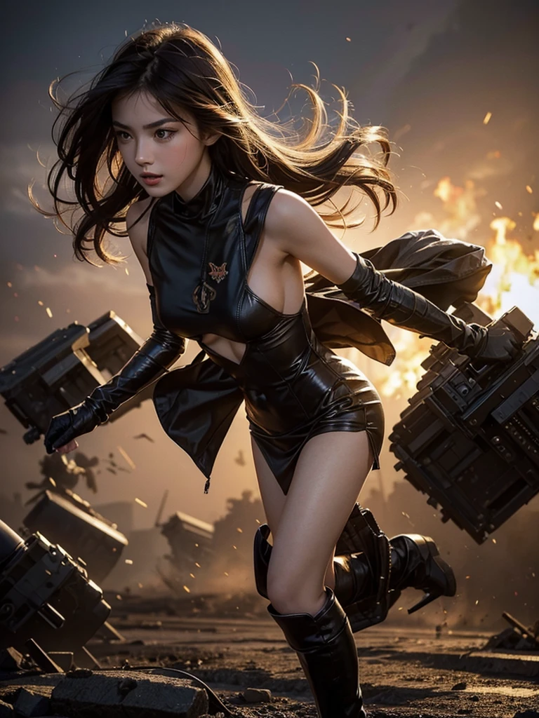 Close-up of a sexy dressed young girl fighting in the battlefield,Full body close-up,Destroy the enemy