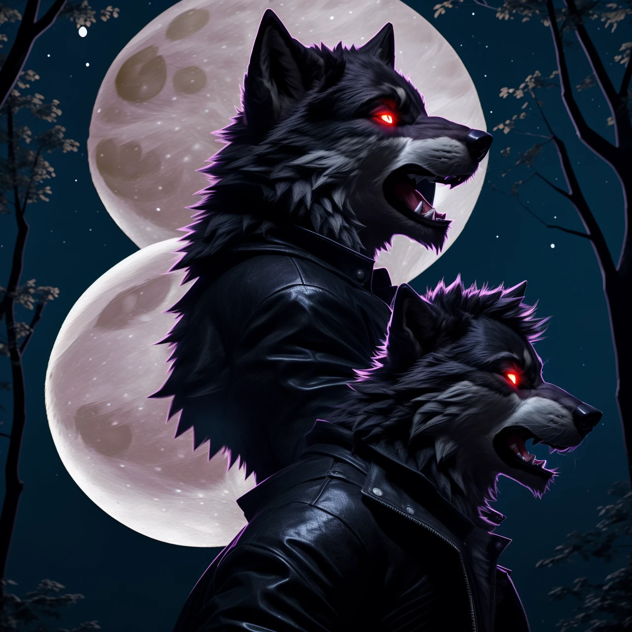 Posing, Male, 30 years old, (howling at the moon:1.8), black leather jacket, anthro, wolf ears, (black fur:1.5), wolf, forest background at night, 8k, hi res, (best quality, masterpiece), red glowing eyes, (wolf tail:1.5), detailed fur