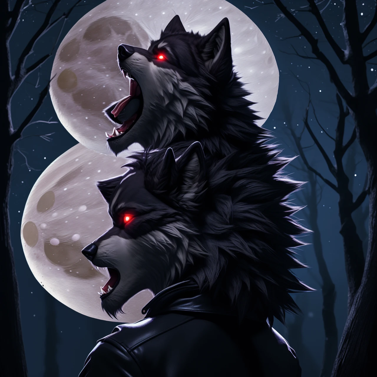 Posing, Male, 30 years old, (howling at the moon:1.8), black leather jacket, anthro, wolf ears, (black fur:1.5), wolf, forest background at night, 8k, hi res, (best quality, masterpiece), red glowing eyes, (wolf tail:1.5), detailed fur