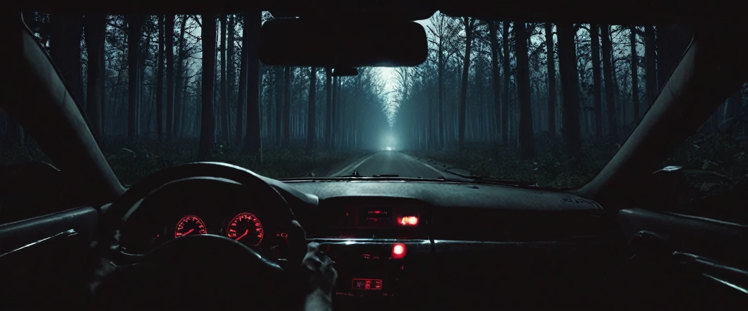 Driving car in dark forest night horror inside view gothic first person view driver pov