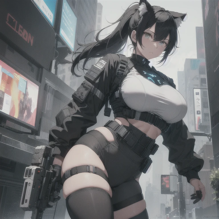 Absurd resolution, high resolution, (masterpiece: 1.4), hyper-detail, full body shot, solo, 1 kemono feline cat woman, standing up, black hair, messy ponytail, cute face, detailed soft grey eyes, huge massive hyper super swollen breasts that cover more than her whole torso in size and are far bigger than her head being so big they reach her belly button, extremely huge massive swollen large bust, wide full hips, narrower torso, smaller torso, full thicc soft thighs, rounded full soft butt, ruggedized utility styled outfit, monochrome black and grey fullbody covering protective padding pilot rugged utility suit with white chest, scifi padded rugged high collar techwear jacket, white and black triangular decals and techwear iconography on apparel and clothing, techwear gloves, arm mounted strapped display scifi tablet/communication device/computer, rugged tablet display mounted on MOLLE strap on top of her bust, ruggedized computer tablet mounted above her breasts, screen display mounted on top of her chest, ruggedized tech, ruggedized tech aesthetic, fitted utility pants, utility chaps, near future scifi, cyberpunk aesthetic, anime aesthetic