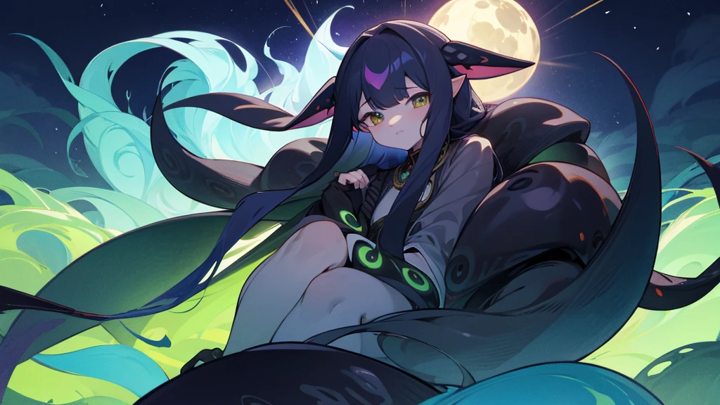 Shiaega Mythical creature Countless black tentacles growing from one green eye Floating in the sky Night sky 