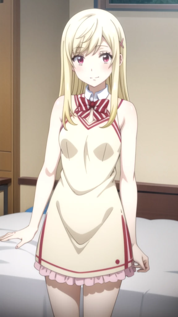 personaje de anime acostado en una cama con una almohada y medias, anime girl in a mucama costume, gorgeous mucama, mucama outfit, barbie anime en medias blancas, anime cat girl in a mucama costume, mucama vestido, wearing mucama uniform, french mucama, loli in vestido, mucama, anime mucamas riding early tanks, cosplay de un chico gato! mucama! vestido yamada_yellow, 1chica , by rubio, alone, wide, hair ornament, , smile, bow, red eyes my dress darling anime, beautiful seductress anime