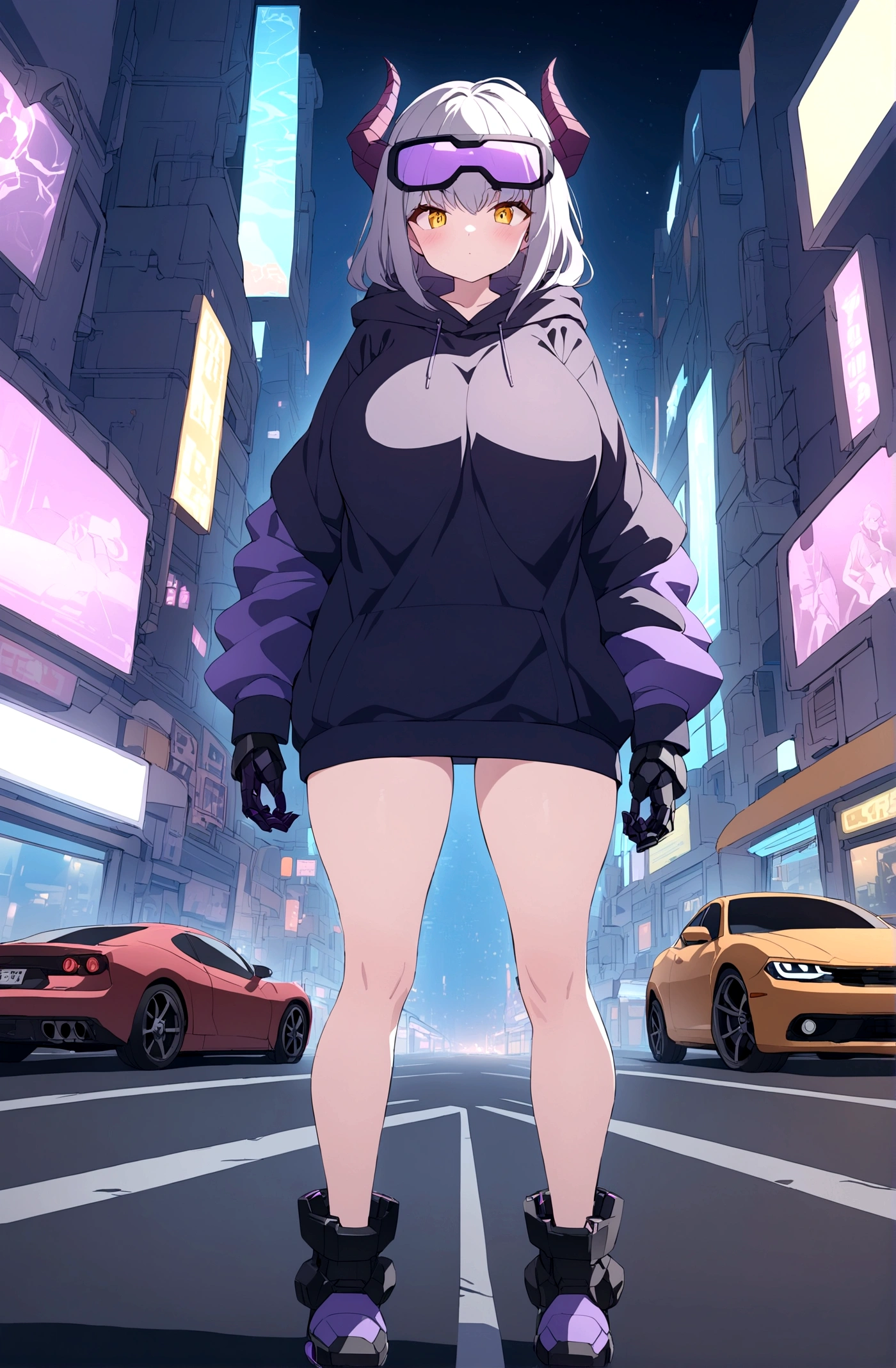 Slim teen girl, huge tits,  standing at the middle of road, wearing black purple hoodie with (big oversized metal power gloves), wearing cyber glasses, neon city, at night, cars, cybernetic horns