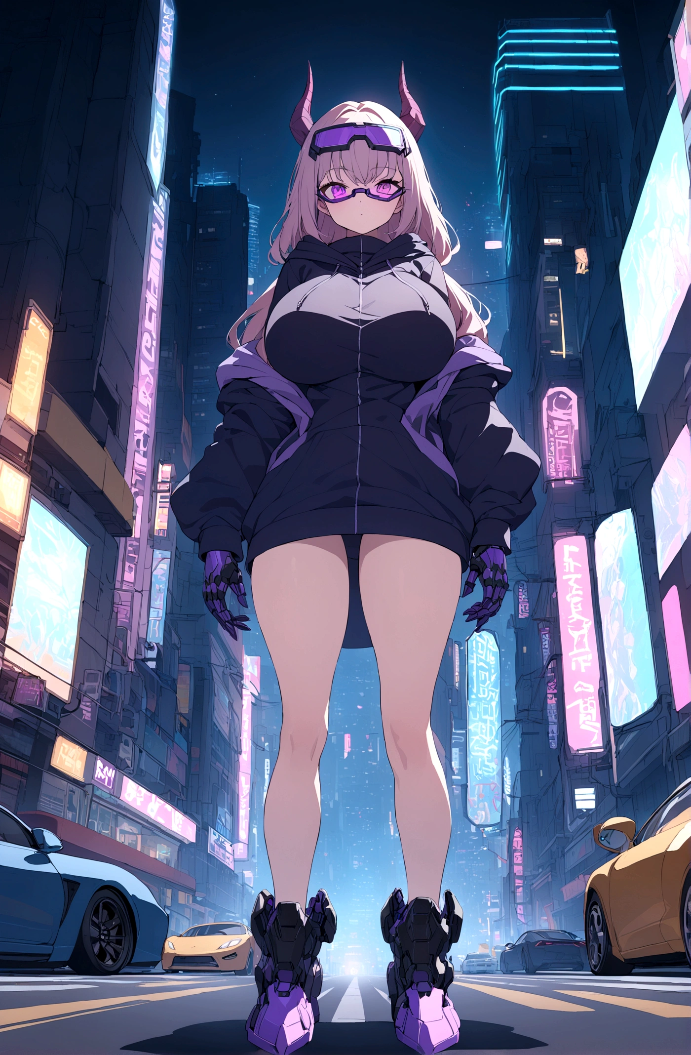 Slim teen girl, huge tits,  standing at the middle of road, wearing black purple hoodie with (big oversized metal power gloves), wearing cyber glasses, neon city, at night, cars, cybernetic horns