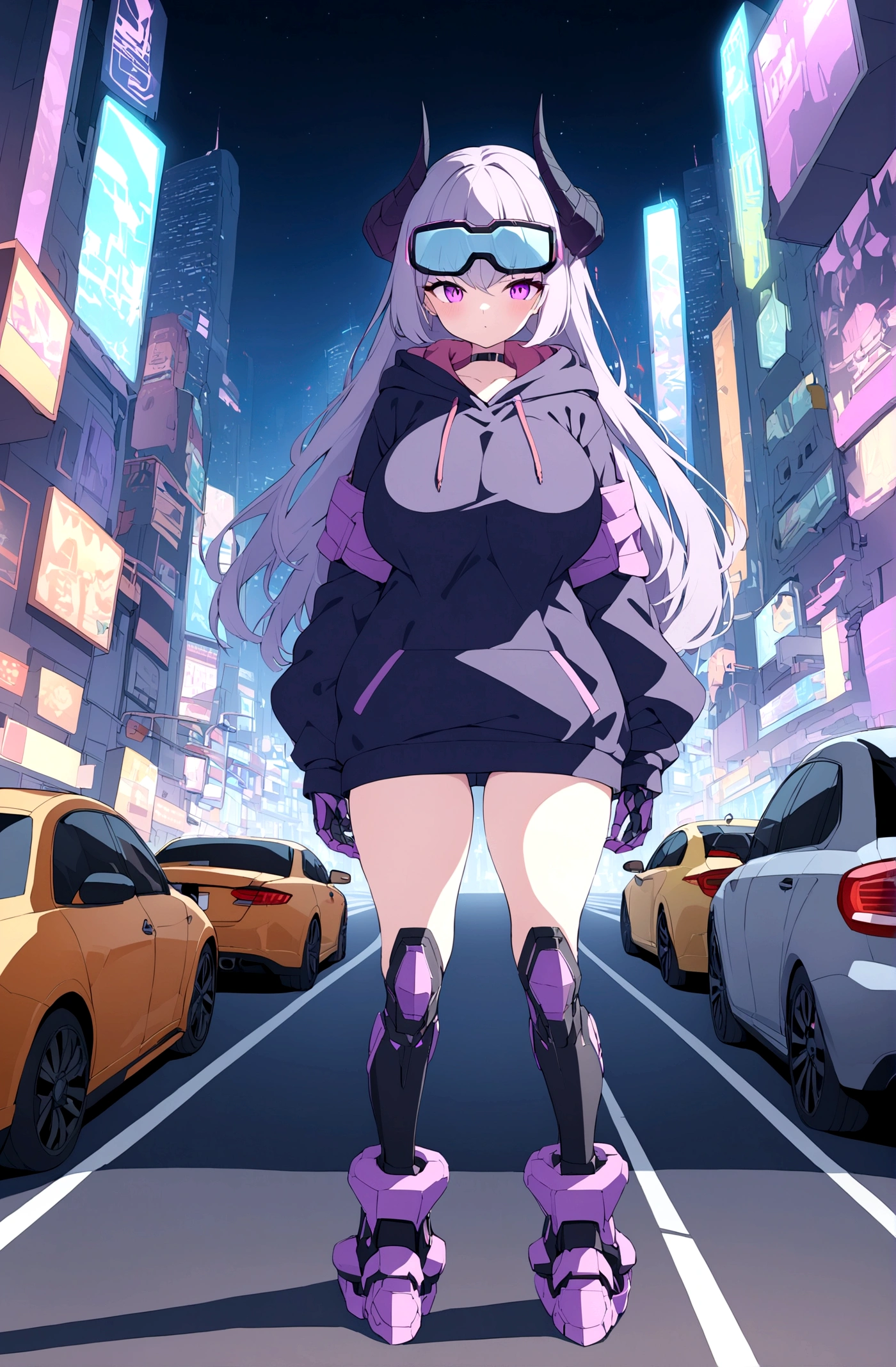 Slim teen girl, huge tits, standing at the middle of road, wearing black purple hoodie with (big oversized metal power gloves), wearing cyber glasses, neon city, at night, cars, cybernetic horns