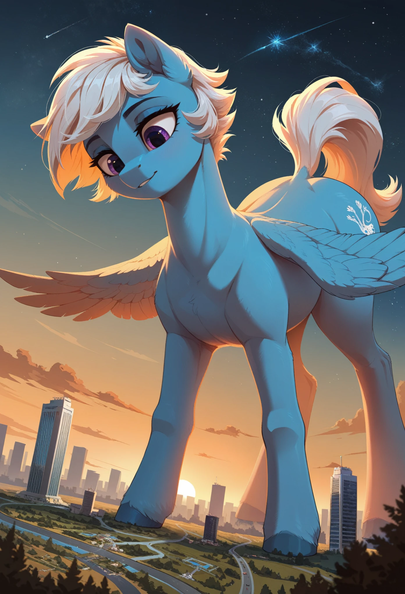 score_9, score_8_up, score_7_up, feral, pale body, female, pegasus, light_blue body, blue body, short hair, short hair, white mane with blue stripe, white tail with bright blue and light blue stripes, purple eyes, pointed ears, large feathered wings, anatomically correct, feral anatomy, good anatomy, (depth of field), muted colors, extremely high quality RAW photograph, (lying on back), earth pony, semi-anthro, female, ponified, fluff chest, large hoof, hooves, three-quarter view, (a dutch angle shot), ((on 2 legs standing)), ((close-up shot)), macro shot, micro, multiple frames, (((different angles))), front view, side view, back view, (background: landscape, continents visible, starry sky), crushing, stomp, stomping, city, cityscape fully