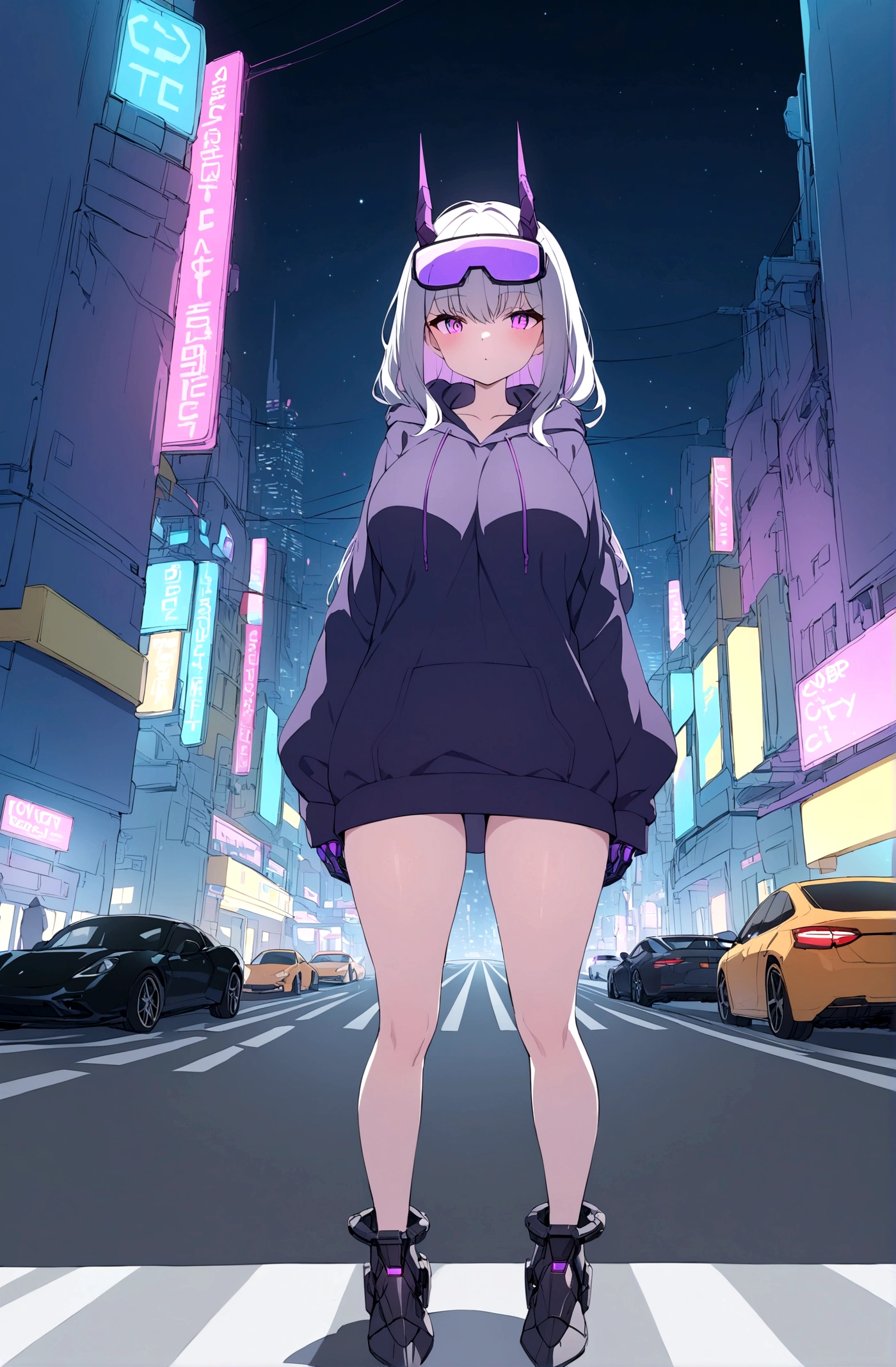 Slim teen girl, huge tits,  standing at the middle of road, wearing black purple hoodie with big metal power gloves, wearing cyber glasses, neon city, at night, cars, cybernetic horns
