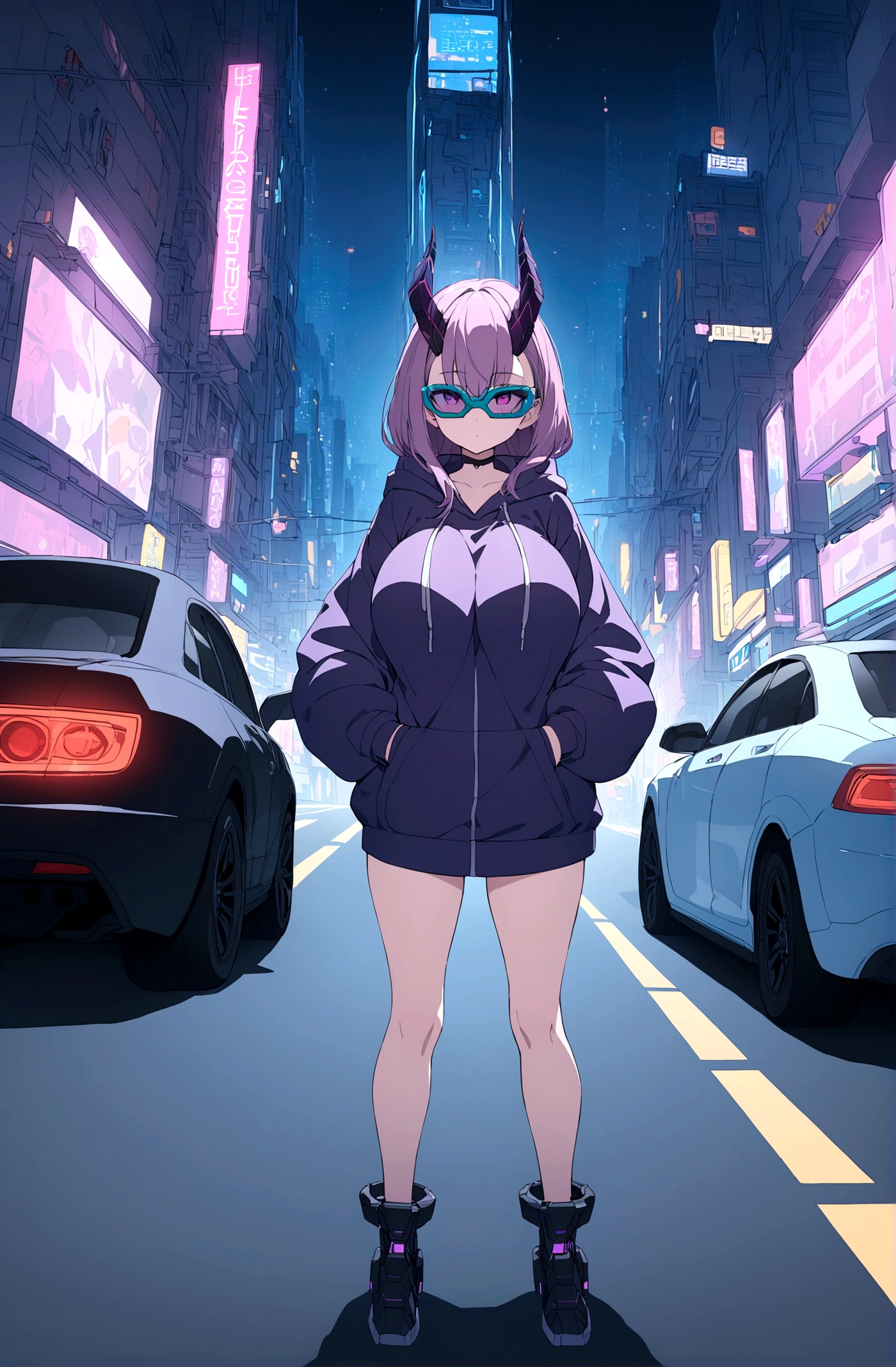 Slim teen girl, huge tits, standing at the middle of road, wearing black purple hoodie with big metal power gloves, wearing cyber glasses, neon city, at night, cars, cybernetic horns