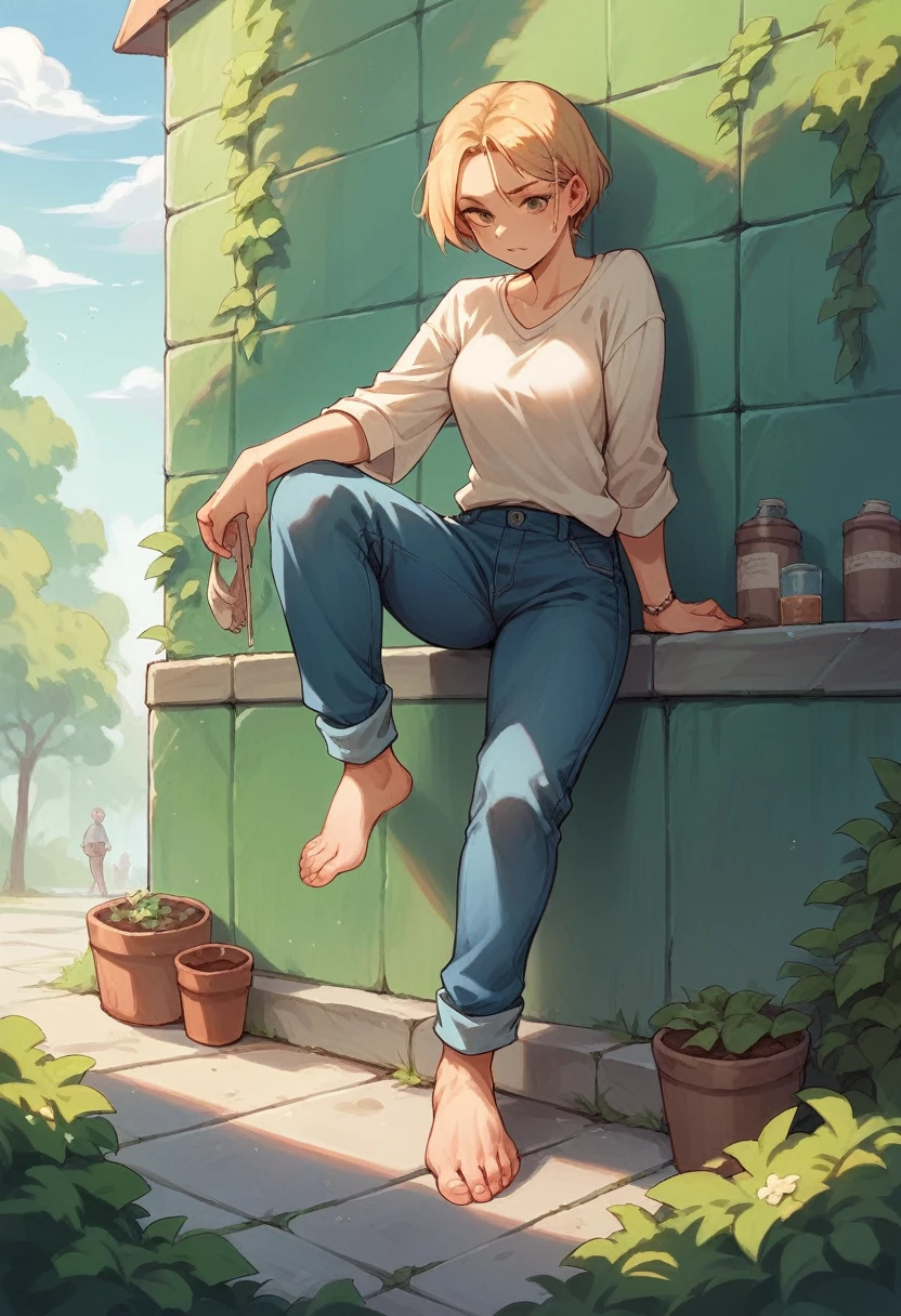 Woman at home, stepping on ants, barefoot