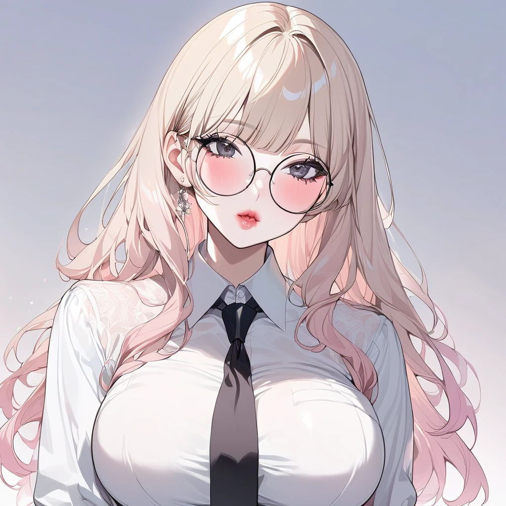 1 girl, solo, light blonde hair, black eyes, white shirt, pastel colors, big breast, lipgloss, big round glasses, korean, straight bangs, pink cheeks, sexy, professional, smart, black tie, elegant, hot