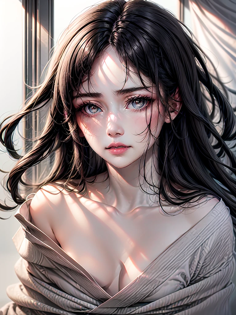 oversized white kimono, off shoulder, extremely long hair, black hair, shining grey eyes, neutral expression, no bangs, forehead, Lock of hair in the middle of the face, lips, big chest
