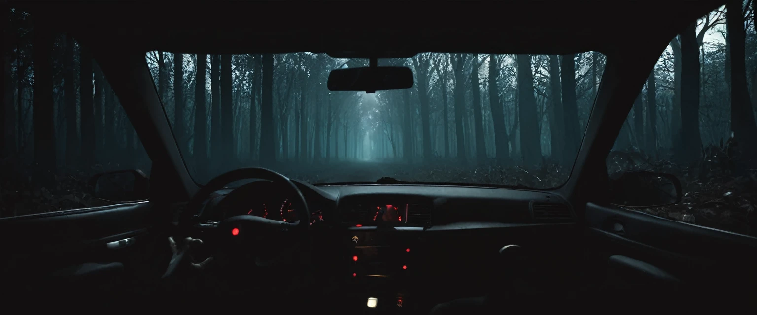 Driving car in dark forest night horror inside view gothic first person view driver pov Left view