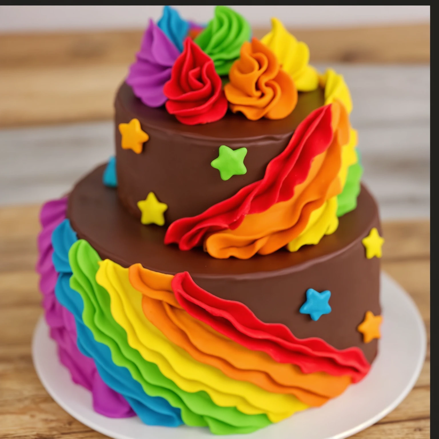 on a wooden table. there is a white plate. two-tier cake, chocolate cream cake, rainbow cream in the form of ruffles, decorated with rainbow stars made of polymer clay, multi-colored cream on top, against the background of the kitchen, Beautiful light from the window, contour light, Multiple light sources, beautiful lighting, Bright light source, bright lighting, beautiful light sources, Multiple light sources, Realistic style , realistic texture, detailed texture, A high resolution, high quality,