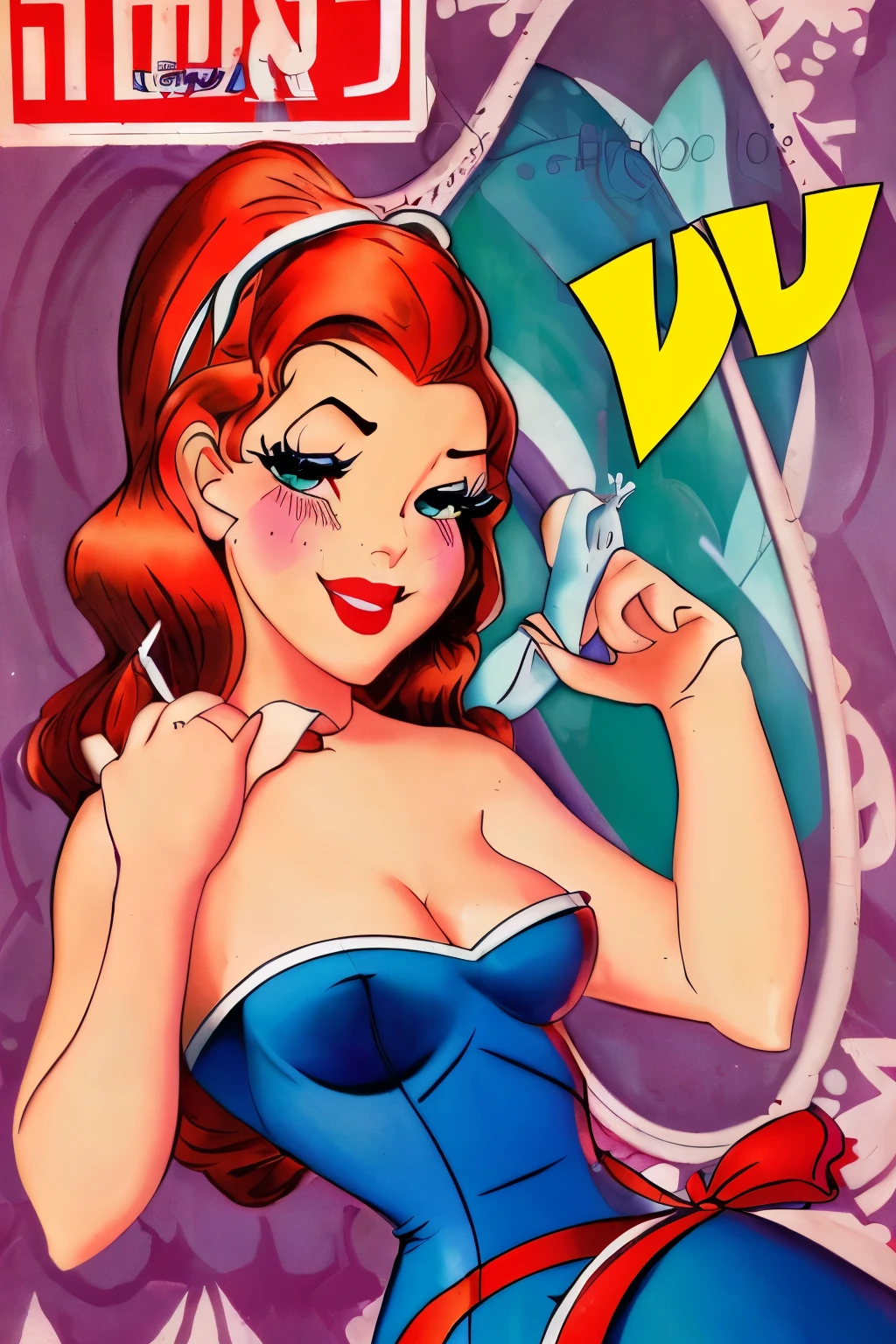 a girl character with a hourglass figure but big thighs with no gap white hair and blue eyes makeup like mermaid tone with red lipstick her small heart shaped lips. art style is disney or NxDE song character from (G)I-DLE music or even jessica rabbit she is wearing a blue to short dress like in 1960 sing performance dress with black corset and black garter like 2D Disney style or Jessica Rabbit