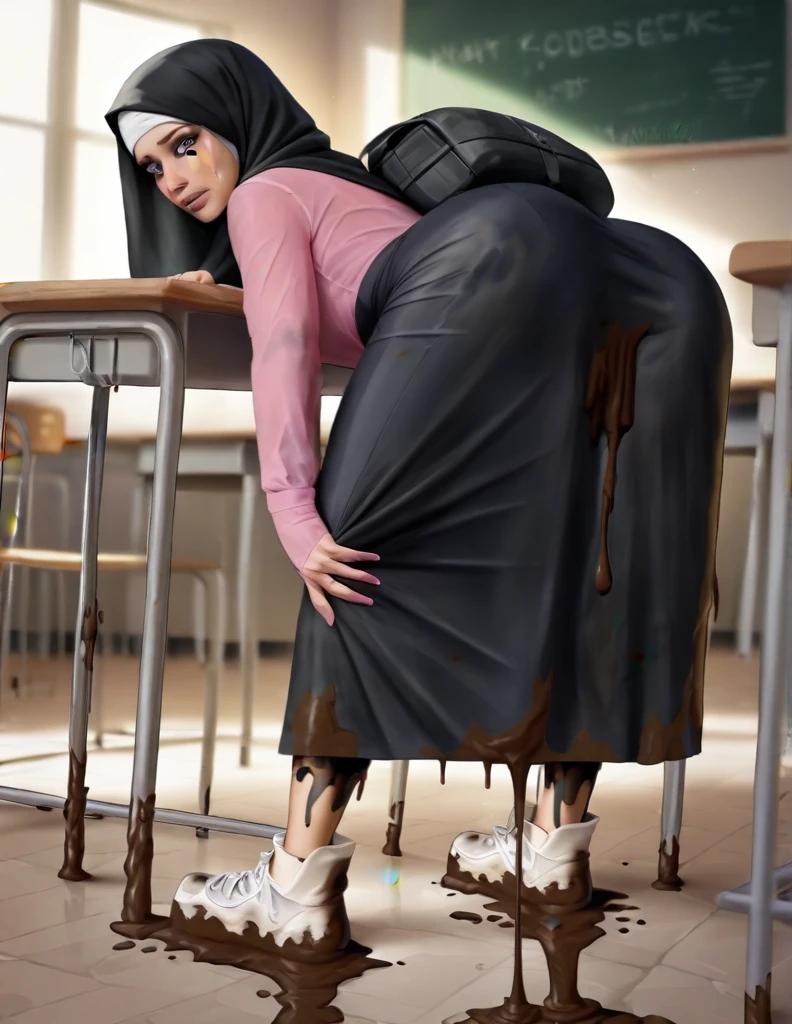 (((Realistic graphics))), (((realistic textures))), realistic face features, realistic body proportions, 1girl, cute face, pretty face, cute eyes, black hijab, long black skirt, tight long sleeve pink shirt, white sneakers, crying, both hands on ass, very sweaty, in dirty classroom, near the desk, dirty skirt, dirty chair, dirty clothes, sweaty clothes, (((make the whole image filthy and dirty))), (((mud dripping from crotch))), stinky atmosphere, filthy atmosphere, mud on long skirt, disgusting long skirt, (((extreme amount of mud on crotch))), (((huge stream of mud dripping from crotch))),