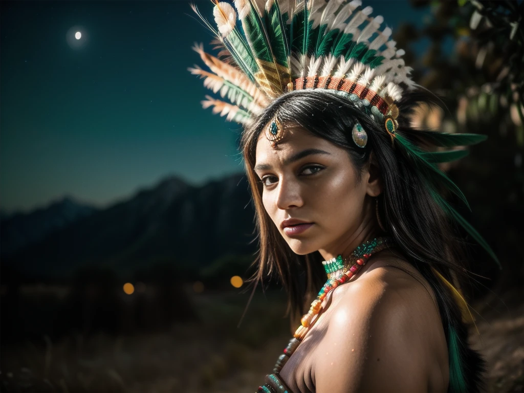 Beautiful Cherokee Indian woman with beautiful emerald headdresses, blackw, doradas, cobre, Pearl, white and beige, feathers made of bright neon of various colors, flares on camera, bokeh, full moon night