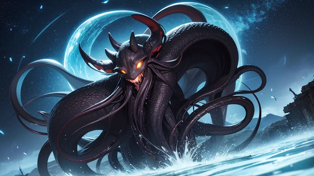 Shiaega Mythical creature Countless black tentacles growing from one green eye Floating in the sky Night sky