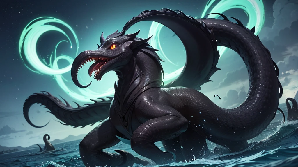 Shiaega Mythical creature Countless black tentacles growing from one green eye Floating in the sky Night sky 