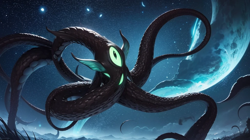 Shiaega Mythical creature Countless black tentacles growing from one green eye Floating in the sky Night sky 