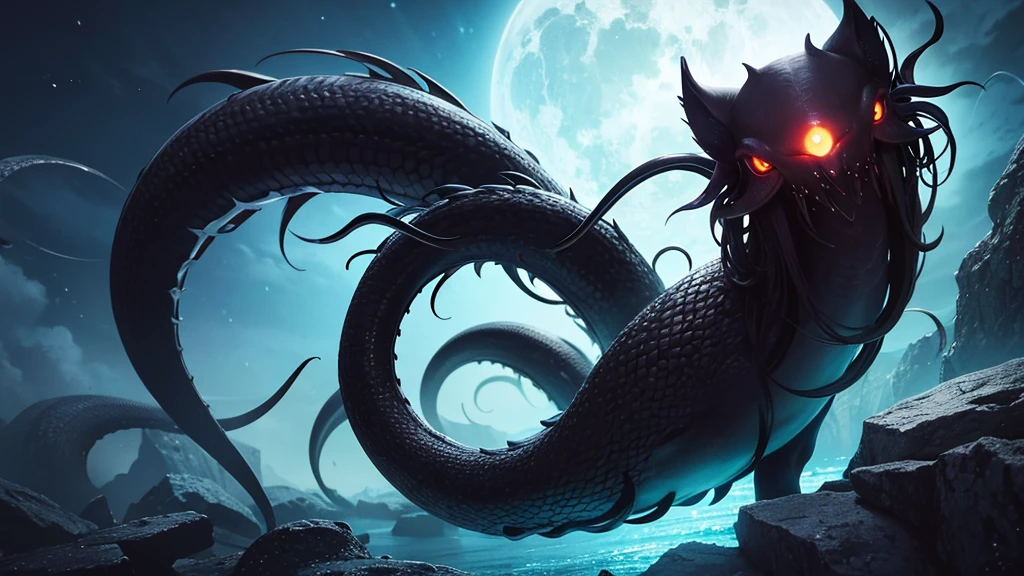 Shiaega Mythical creature Countless black tentacles growing from one green eye Floating in the sky Night sky
