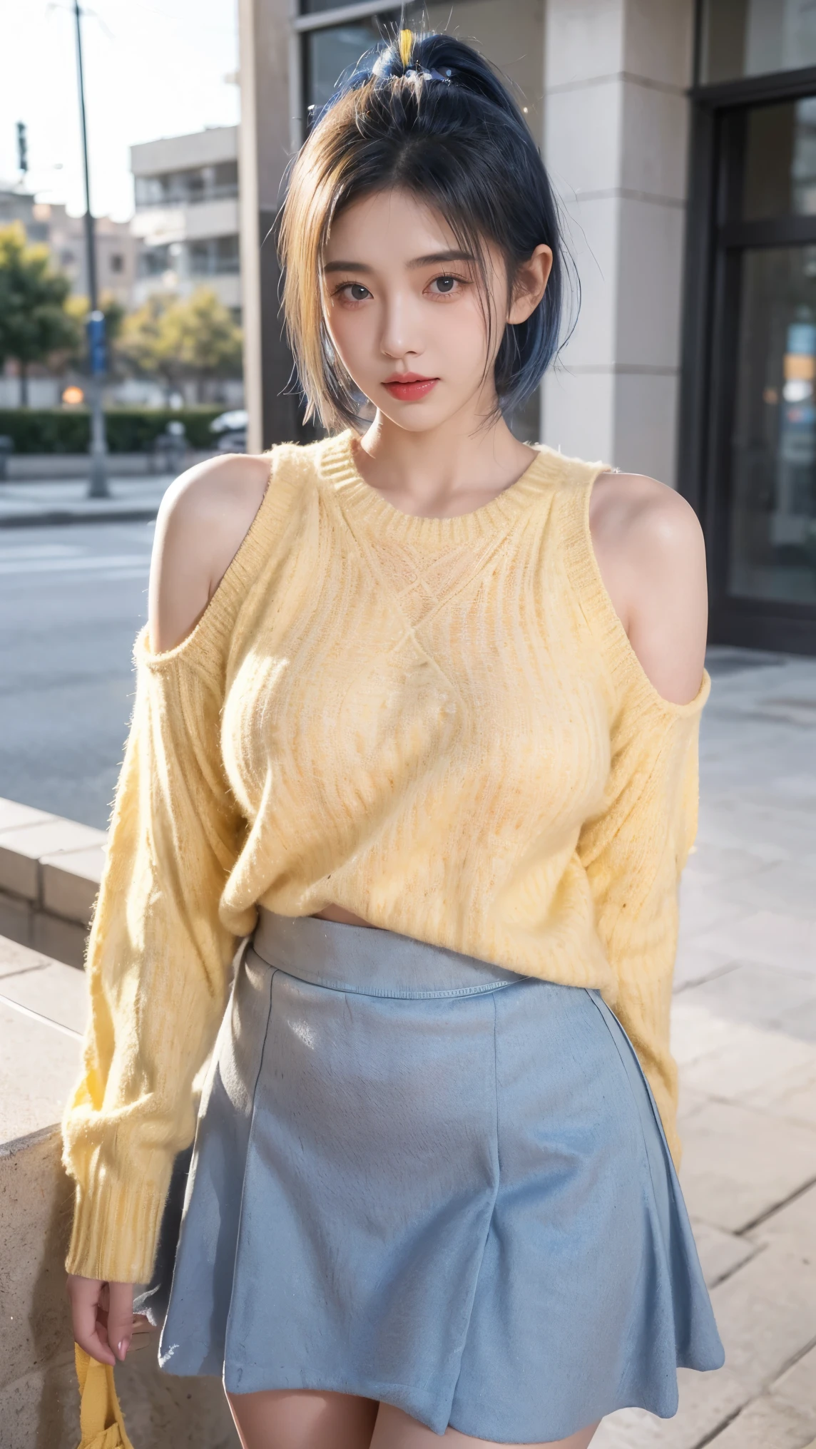 21yo girl,blue hair,bob hair, (wearing big yellow sweater),(wearing gray skirt), (yellow sweater), natural medium breast, plump body,single sidelock hairpin blush modern cinematic lighting,ray tracing,drop shadow wide shot UHD,textured skin,high details,best quality 4K