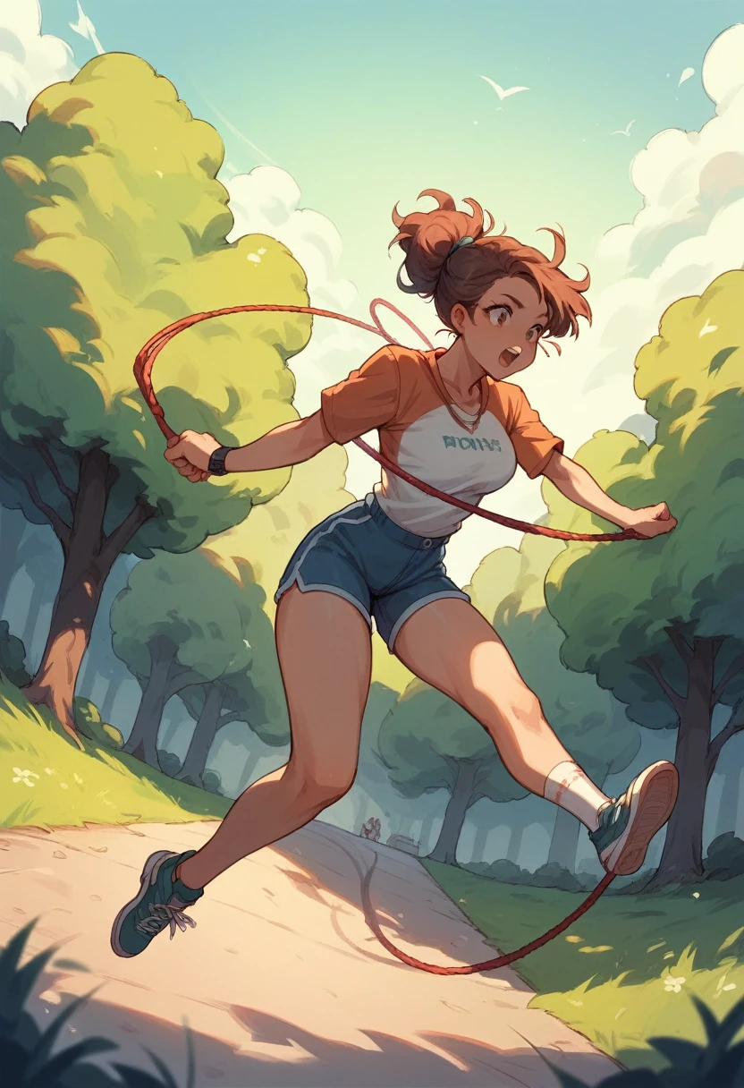 A woman in the park jumping rope without clothes 