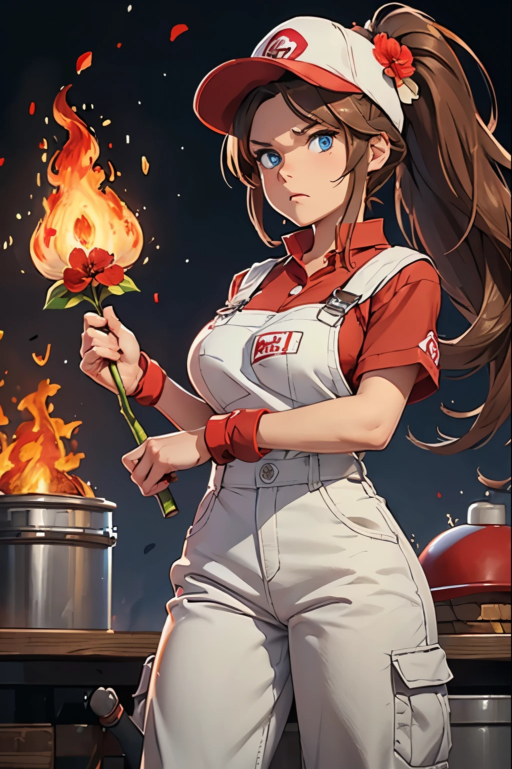 Woman, Brown Hair, long Hair, Blue Eyes, Ponytail, Large Breasts, White overalls, Red Shirt, (Red Plumbers Hat with Letter M on front), Work Boots, ((Holding Single LArge Red Flower in Left Hand)), ((Magic fire in right Hand)), (Angry Expression)