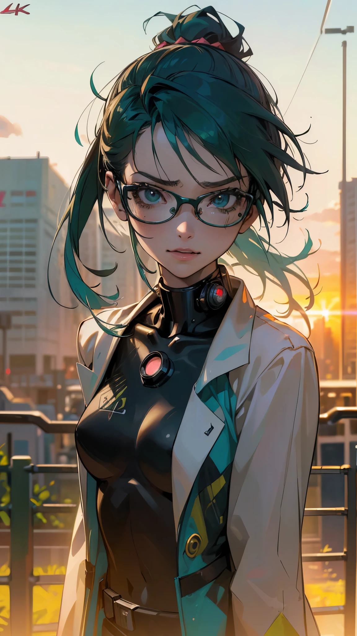 A young girl with vibrant green hair, cyberpunk style cyborg girl, appears overexcited and very happy, wearing round glasses, in a sexy pose with tied hair, manga style, beautiful detailed face, colorful summer clothes, highly realistic, vibrant colors, dynamic point of view, looking directly at the camera, sunset background, (best quality,4k,8k,highres,masterpiece:1.2),ultra-detailed,(realistic,photorealistic,photo-realistic:1.37)