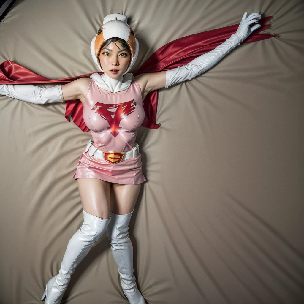 ANI_CLASSIC_jun_gatchaman_ownwaifu,1girl, 16 years old,good anatomy, masterpiece, best quality,realistic, hyperrealistic, 16k hdr, long hair,breasts,green eyes,lips,large breasts,lipstick,makeup,gloves,cape,helmet,belt,elbow gloves,white gloves,mask,ultra miniskirt,leotard,spacesuit,white tight overknee highheels boots,pink dress,superhero,bodysuit,cleavage,erected nipples,(lying flat poses, view from above),cameltoe