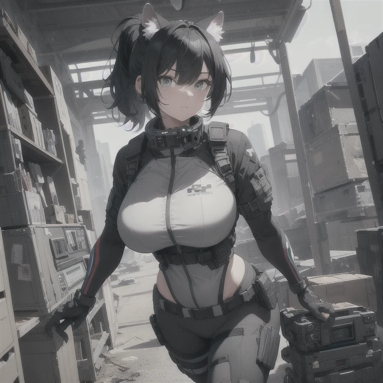 Absurd resolution, high resolution, (masterpiece: 1.4), hyper-detail, full body shot, solo, 1 kemono feline cat woman, black hair, messy ponytail, cute face, detailed soft grey eyes, huge massive hyper super swollen breasts that cover her whole torso and are bigger than her head while being so big they reach her belly button, extremely large bust, wide full hips, narrower torso, smaller torso, full thicc soft thighs, rounded full soft butt, ruggedized utility styled outfit, monochrome black and grey fullbody covering protective padding pilot rugged utility suit with white chest, scifi padded rugged high collar techwear jacket, white and black triangular decals and techwear iconography on apparel and clothing, techwear gloves, arm mounted strapped display scifi tablet/communication device/computer, rugged tablet display mounted on MOLLE strap on top of her bust, ruggedized computer tablet mounted above her breasts, screen display mounted on top of her chest, ruggedized tech, ruggedized tech aesthetic, fitted utility pants, utility chaps, near future scifi, cyberpunk aesthetic, anime aesthetic