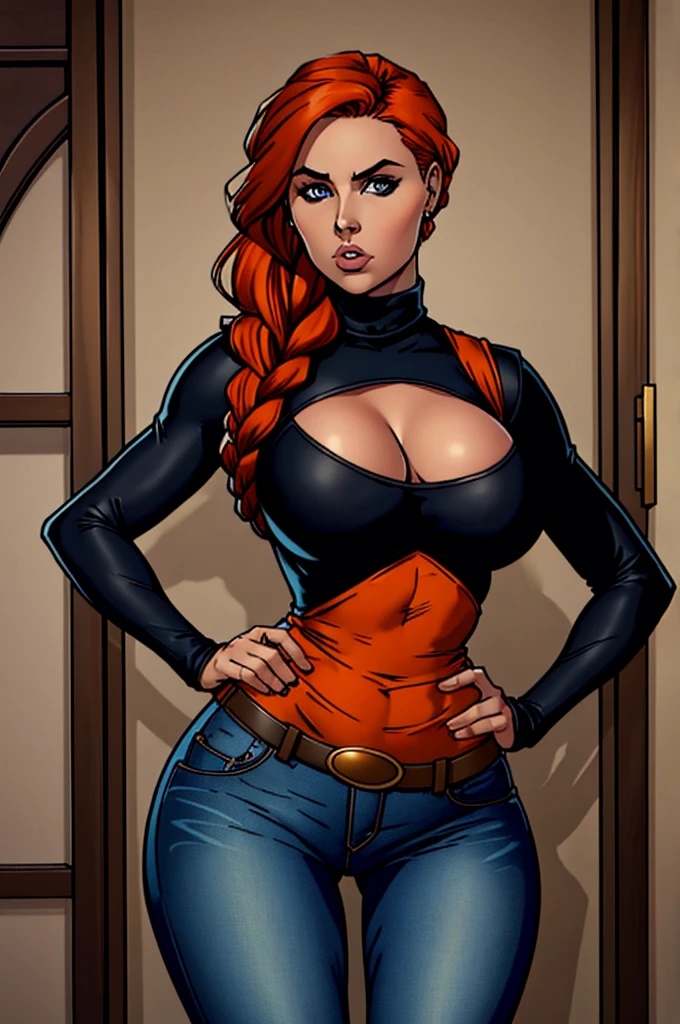 1 female, hourglass figure, pouty look, housewife, cleavage, Black turtleneck, small waist, thick thighs, orange hair, braided, hands on hips, tight jeans, masterpiece, slanty eyes, realistic lips, masterpiece, 4k.