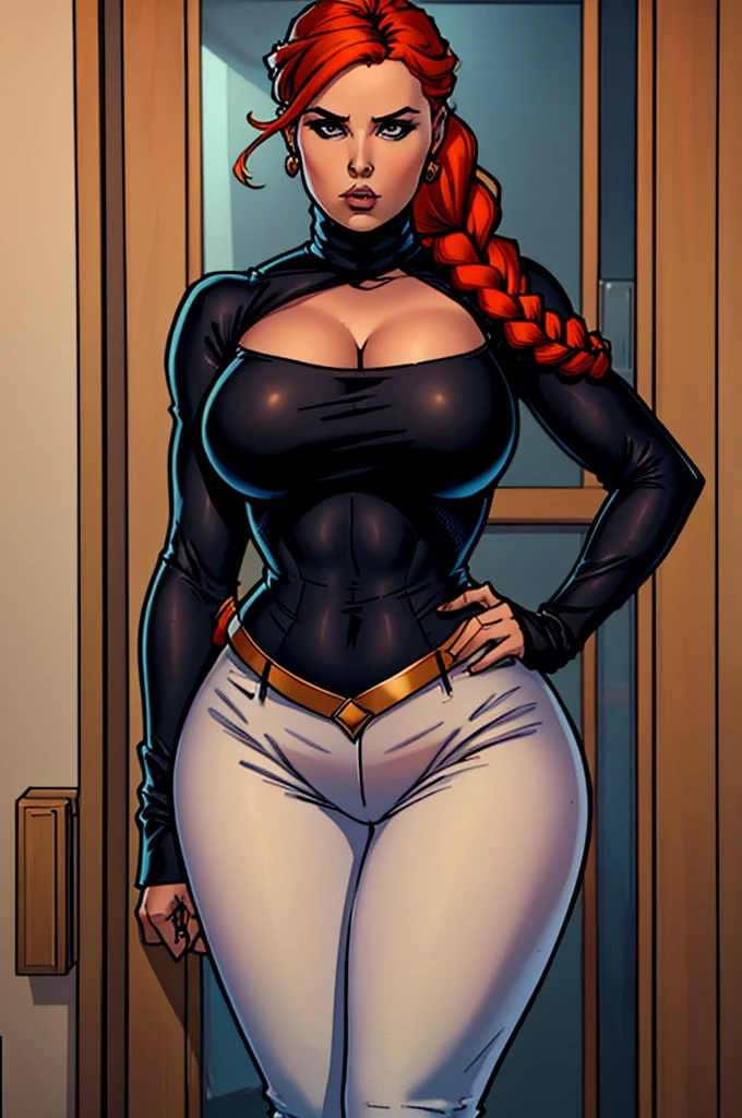 1 female, hourglass figure, pouty look, housewife, cleavage, Black turtleneck, small waist, thick thighs, orange hair, braided, hands on hips, tight jeans, masterpiece, slanty eyes, realistic lips, masterpiece, 4k.
