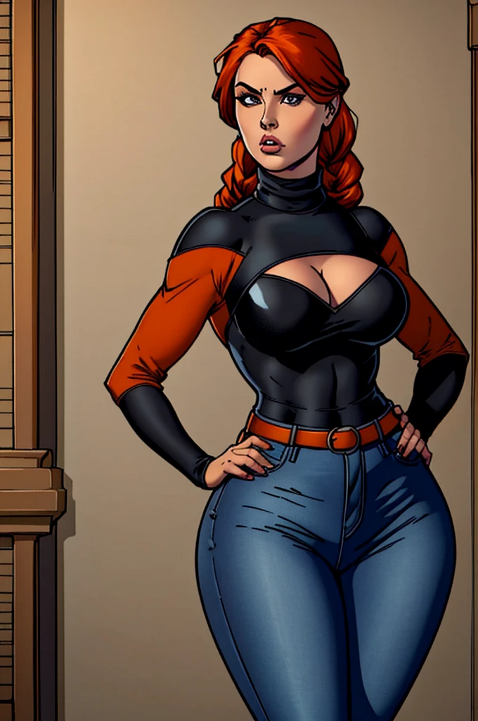1 female, hourglass figure, pouty look, housewife, cleavage, Black turtleneck, small waist, thick thighs, orange hair, braided, hands on hips, tight jeans, masterpiece, slanty eyes, realistic lips, masterpiece, 4k.
