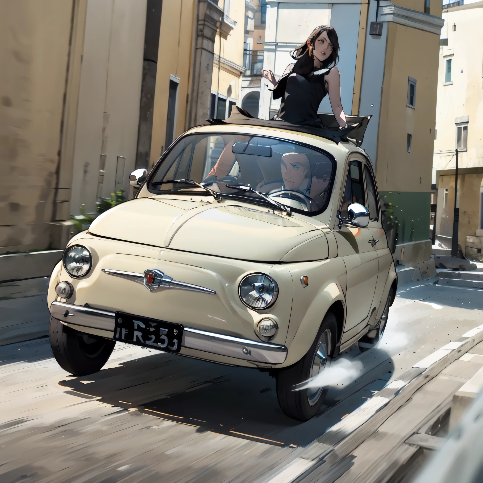 (FIAT500, classical old Italian Fiat 500 car, sassi_di_matera), Lupin III drives the yellow Fiat 500 through the alleys of the Sassi of Matera. Photorealistic shot giving the motion blur of speed. In background Sassi of Matera landscape. blurred foreground.