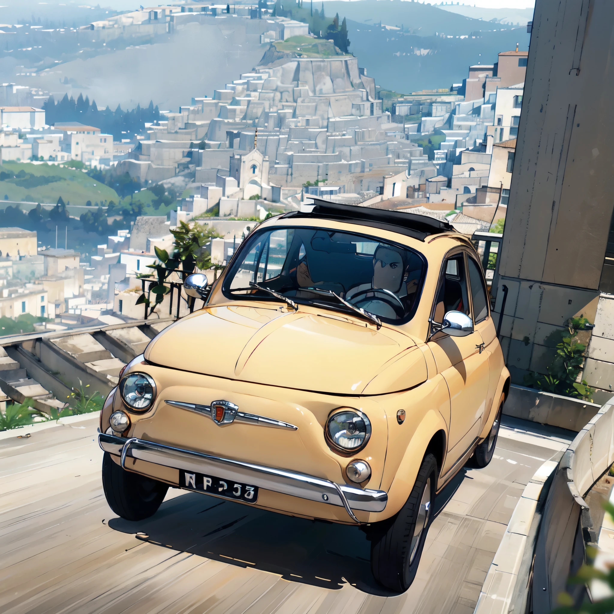 (FIAT500, classical old Italian Fiat 500 car, sassi_di_matera), Lupin III drives the yellow Fiat 500 through the alleys of the Sassi of Matera. Photorealistic shot giving the motion blur of speed. In background Sassi of Matera landscape. blurred foreground.