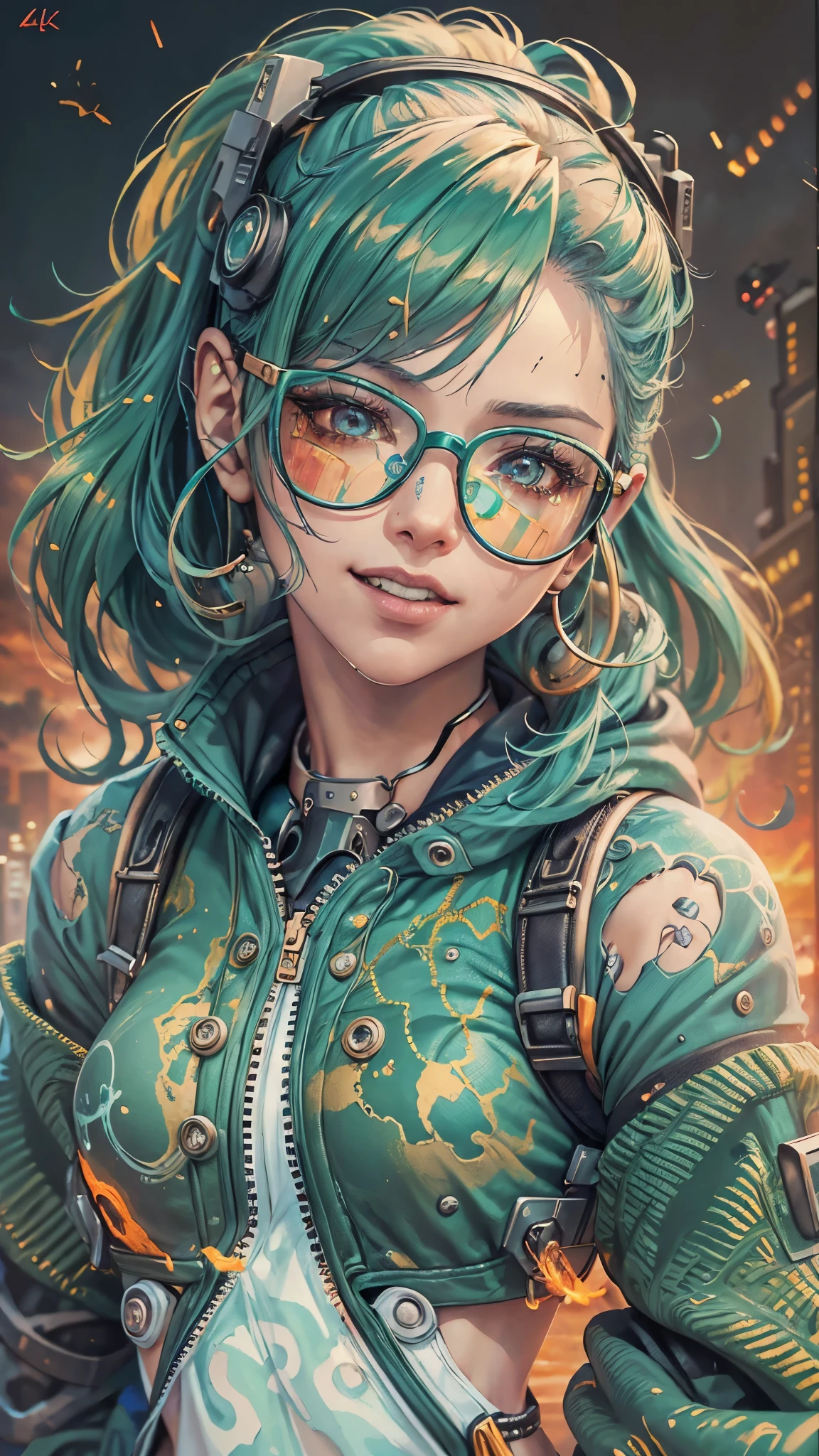 A young girl with vibrant green hair, cyberpunk style cyborg girl, appears overexcited and very happy, wearing round glasses, in a sexy pose with tied hair, manga style, beautiful detailed face, colorful summer clothes, highly realistic, vibrant colors, dynamic point of view, looking directly at the camera, sunset background, (best quality,4k,8k,highres,masterpiece:1.2),ultra-detailed,(realistic,photorealistic,photo-realistic:1.37)