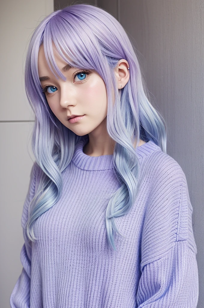anime style girl oc, White skin, light blue hair, lilac eyes, medium long wavy hair, with a slightly big sweater, 