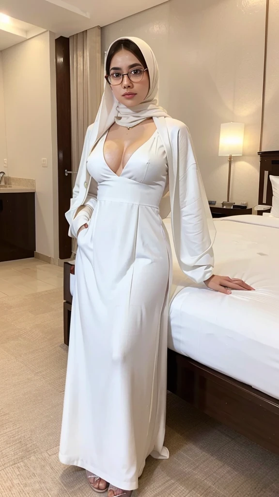 perfect eyes, 24 years old hijab lady, wearing white gamis, cleavage, elegant temprament, five stars hotel, a full body photos, glasses, arrogant face, glowing lip gloss, realistic human, warm ambient lighting