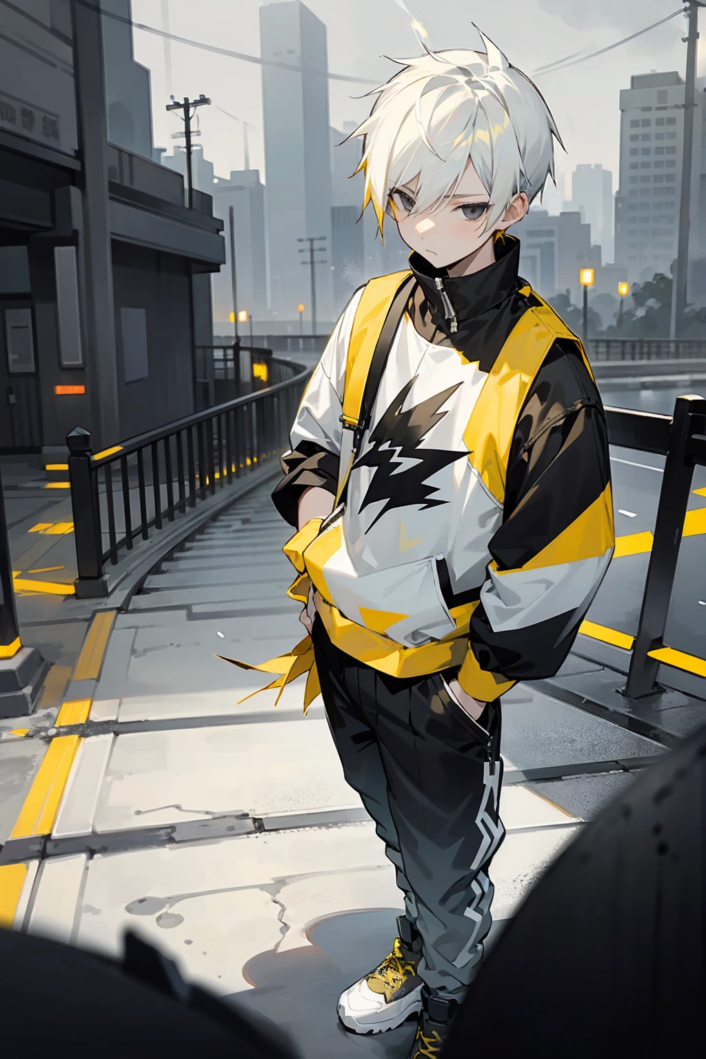 1male, lightning hair, spiked short hair, black eyes, yellow hair, white hair, half yellow half white hair, bored expression, open black and white shirt, joggers, city background, lightning background, detailed background, detailed face, standing on path, hand to side