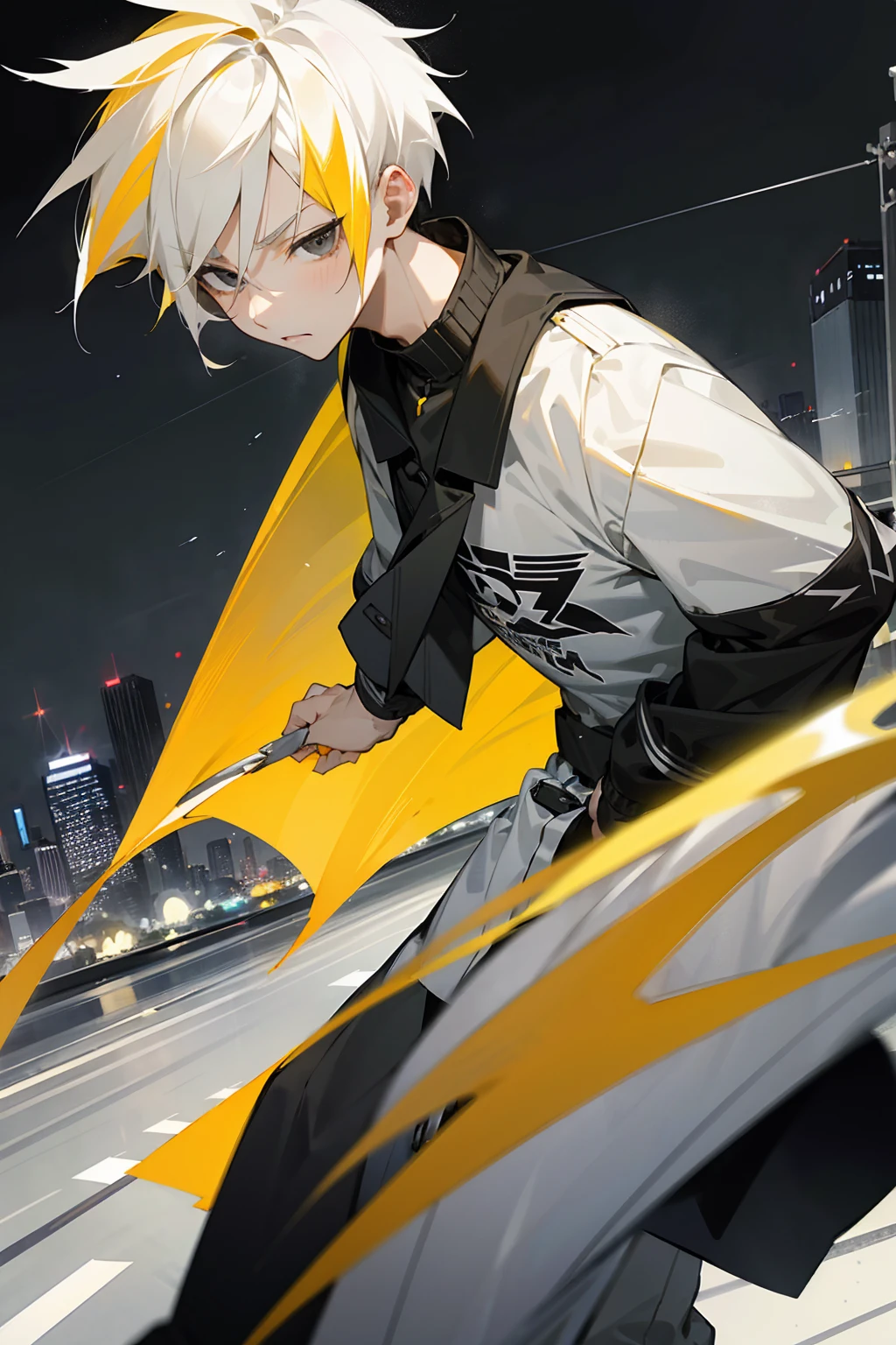 1male, lightning hair, spiked short hair, black eyes, yellow hair, white hair, half yellow half white hair, bored expression, open black and white shirt, joggers, city background, lightning background, detailed background, detailed face, standing on path, hand to side