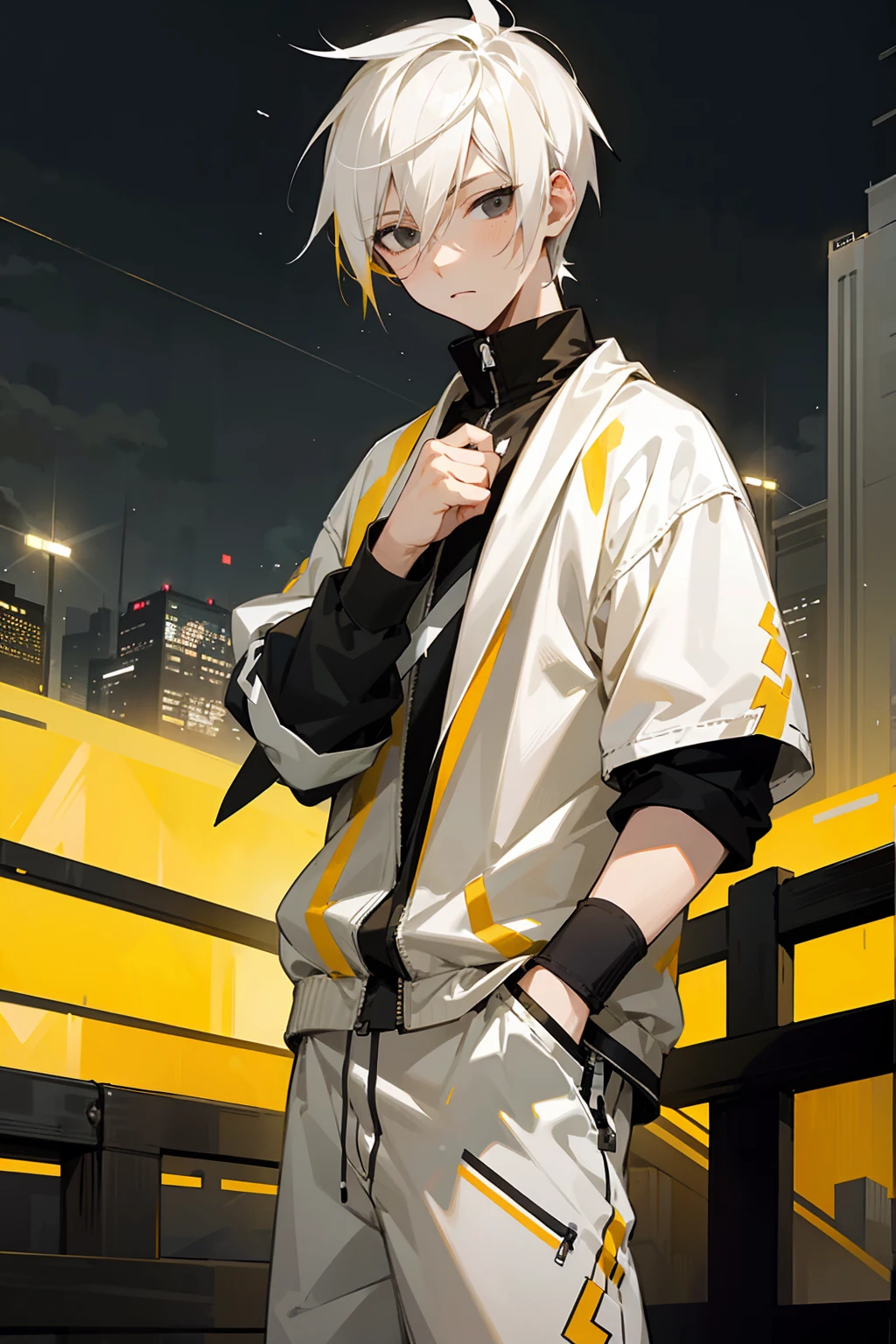 1male, lightning hair, spiked short hair, black eyes, yellow hair, white hair, half yellow half white hair, bored expression, open black and white shirt, joggers, city background, lightning background, detailed background, detailed face, standing on path, hand to side