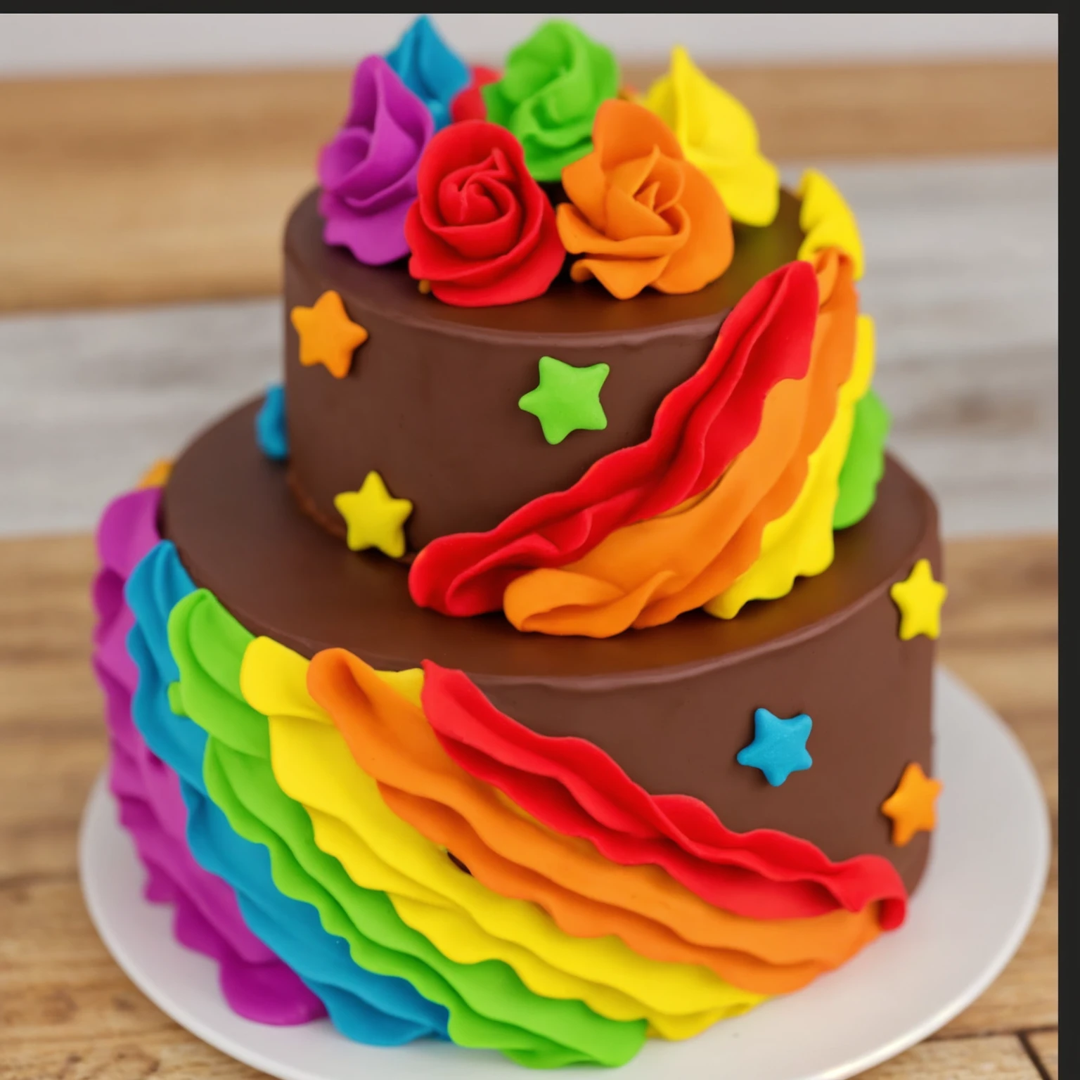 on a wooden table. there is a white plate. two-tier cake, chocolate cream cake, rainbow cream in the form of ruffles, decorated with rainbow stars made of polymer clay, multi-colored cream on top, against the background of the kitchen, Beautiful light from the window, contour light, Multiple light sources, beautiful lighting, Bright light source, bright lighting, beautiful light sources, Multiple light sources, Realistic style , realistic texture, detailed texture, A high resolution, high quality,