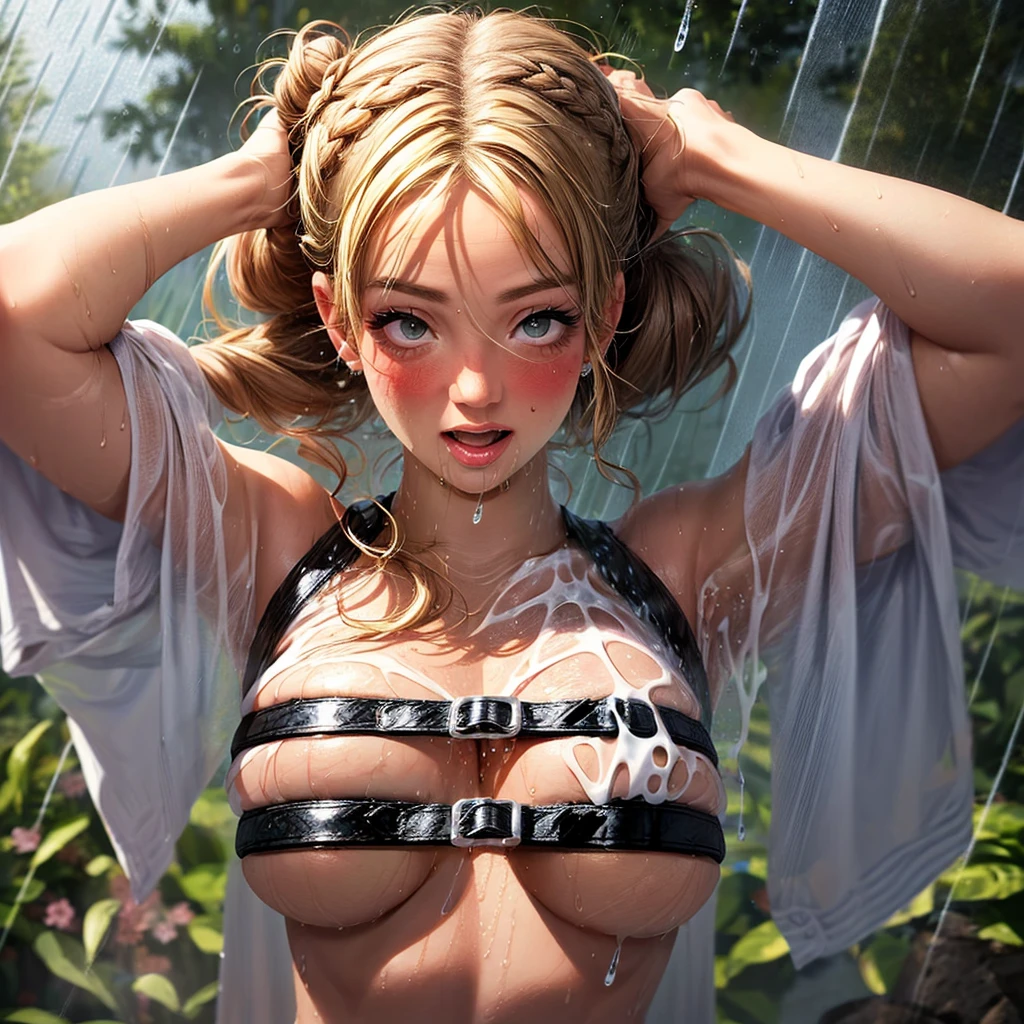 masterpiece of ExtremelyDetailed (ProfessionalPhoto of Stunning women:1.4), (((Downpour))), BraidHair with bun, (Joyful Expressions LifeLike Rendering), ((Extremely detailed beautiful face and eyes)) Blush Ahegao BREAK ((Britney Spears))britneyspears-smf, Beltbra, (Torrential Rain:1.4)  (Overflowing HUGE Underboob Overflowing Raindrops Overflowing water)(((WetHair WetFace WetSkin Wetted Hair:1.4))), (SFW), HiddenHands (no extra limbs)