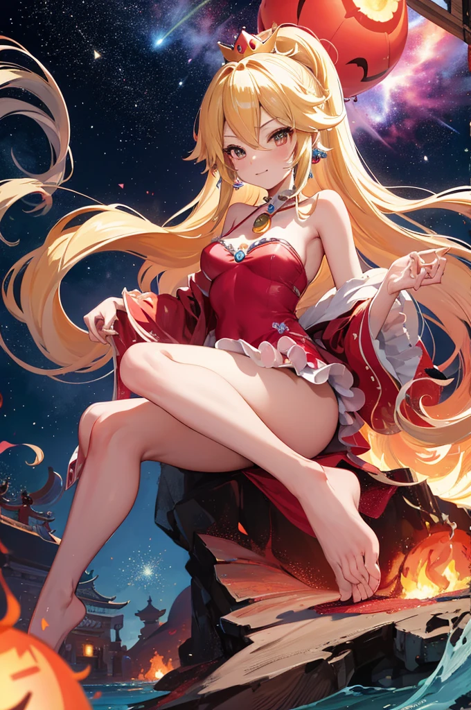  hentai style girls; (several girls), Princess Peach, Rosalina (a character who made her debut in the game Super Mario Galaxy. First appears in Galaxy Portal), Highly detailed, sunset, view viewer, Neckline, Red satin robe, dress bathing suit, girl floating above water, palace, temple, fire, molten lava, red lighting, smug face, form composition with "CRITICAL" font