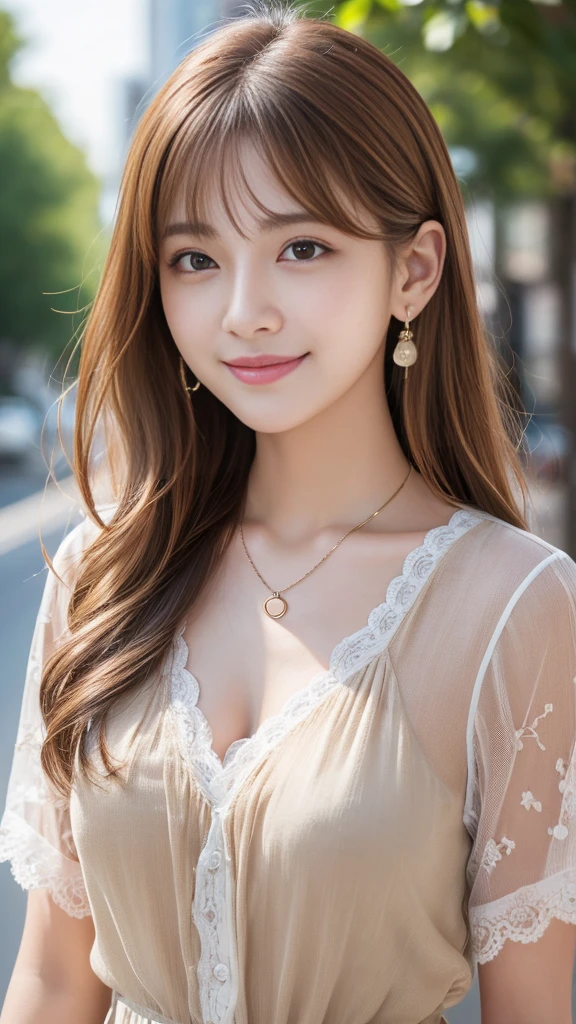 Ultra-high resolution, Superior Quality, Highest quality, Very detailed, Realistic, 8K, RAW Photos, Highest quality, masterpiece, Attractive girl, Awesome girl, Light brown hair、Wavy Hair、 hairstyle semi long、Mesh Hair, Japanese Idols, ear piercing、Necklace around the neck、blouse、smile、