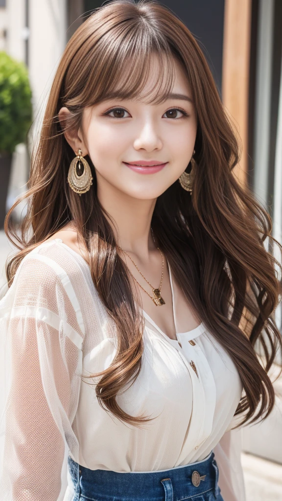 Ultra-high resolution, Superior Quality, Highest quality, Very detailed, Realistic, 8K, RAW Photos, Highest quality, masterpiece, Attractive girl, Awesome girl, Light brown hair、Wavy Hair、 hairstyle semi long、Mesh Hair, Japanese Idols, ear piercing、Necklace around the neck、blouse、smile、